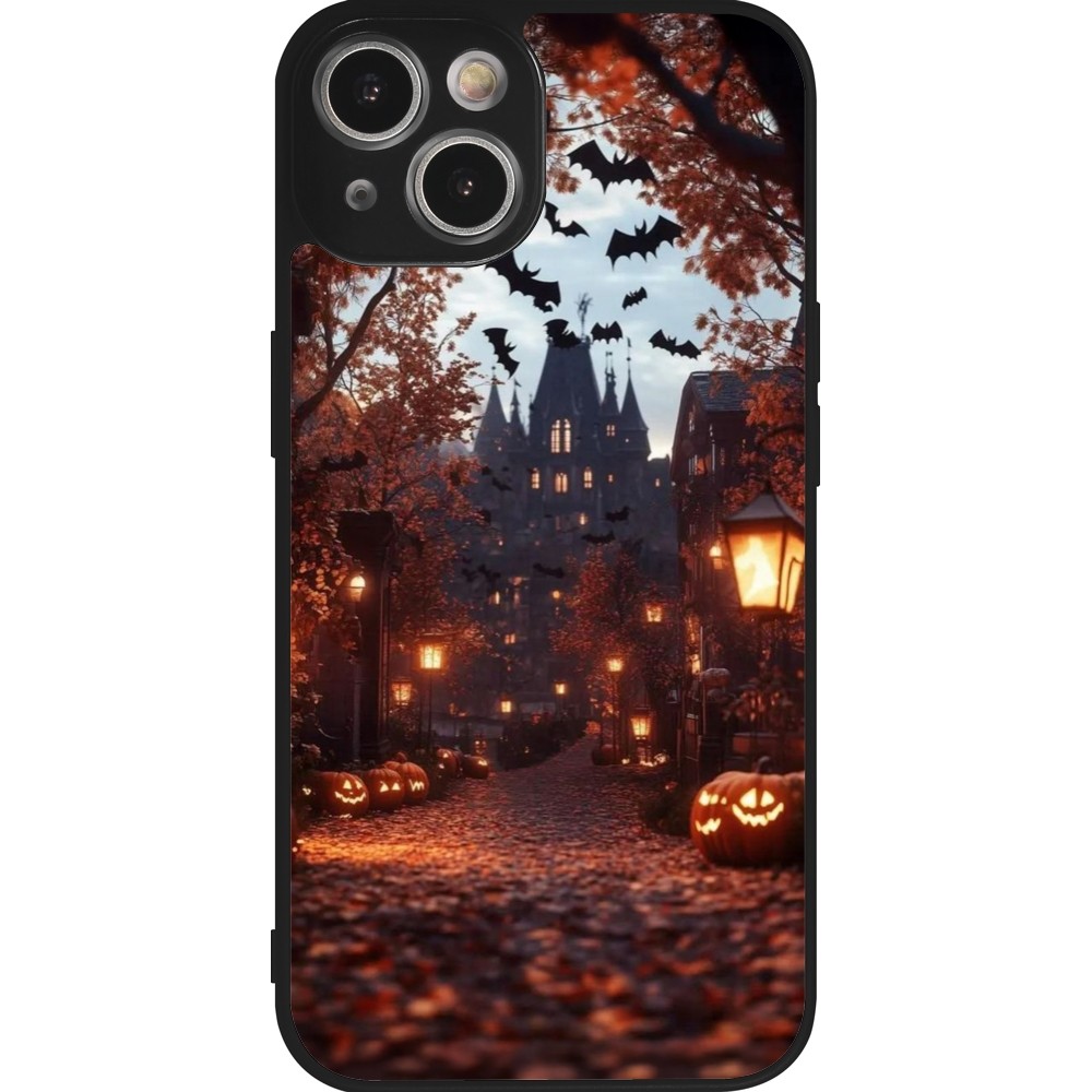 Coque iPhone 14 - Silicone rigide noir Halloween 2025 Haunted house