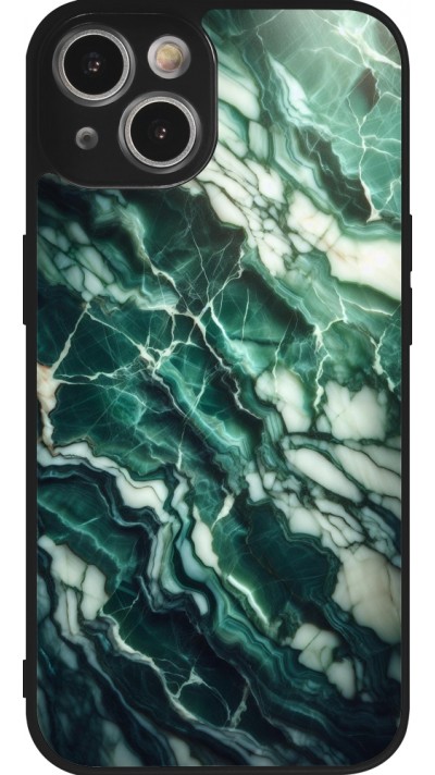 Coque iPhone 14 - Silicone rigide noir Marbre vert majestueux