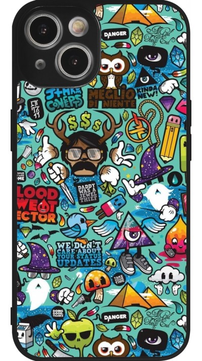 Coque iPhone 14 - Silicone rigide noir Mixed Cartoons Turquoise