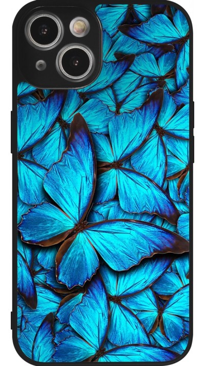 Coque iPhone 14 - Silicone rigide noir Papillon bleu