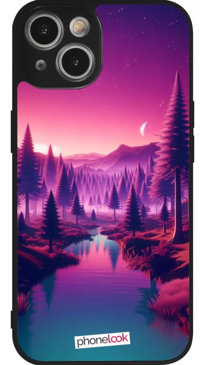 Coque iPhone 14 - Silicone rigide noir Paysage Violet-Rose