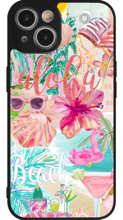 Coque iPhone 14 - Silicone rigide noir Preppy Collage Aloha