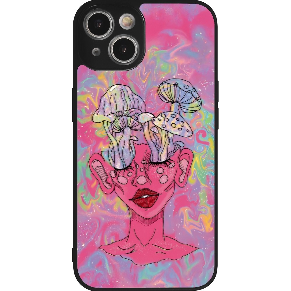 Coque iPhone 14 - Silicone rigide noir Psychedelic pink mushroom