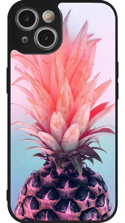 Coque iPhone 14 - Silicone rigide noir Purple Pink Pineapple