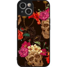 Coque iPhone 14 - Silicone rigide noir Skulls and flowers