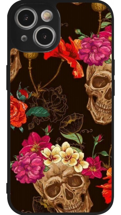 Coque iPhone 14 - Silicone rigide noir Skulls and flowers