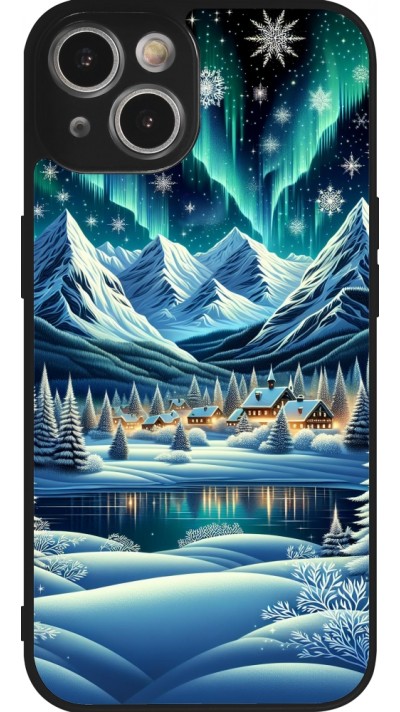 Coque iPhone 14 - Silicone rigide noir Snowy Mountain Village Lake night