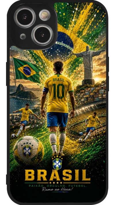 Coque iPhone 14 - Silicone rigide noir Football Brésil splash 2026
