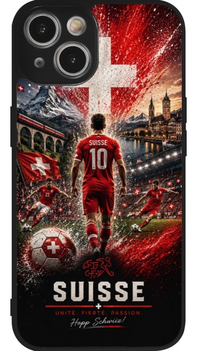 Coque iPhone 14 - Silicone rigide noir Football Suisse splash 2026