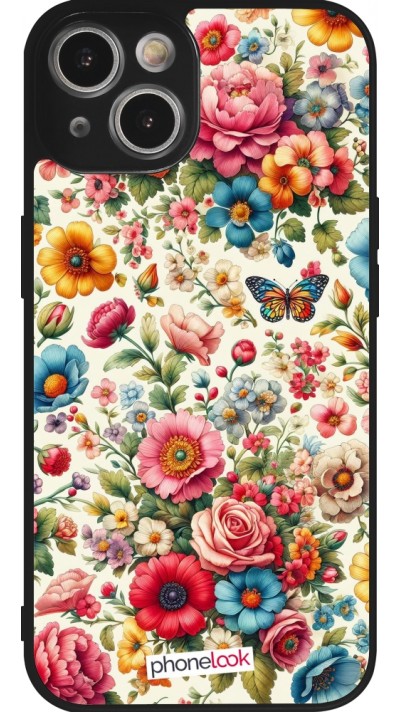 Coque iPhone 14 - Silicone rigide noir Spring 25 printemps fleuri