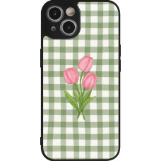Coque iPhone 14 - Silicone rigide noir Green vichy tulips Spring 2026