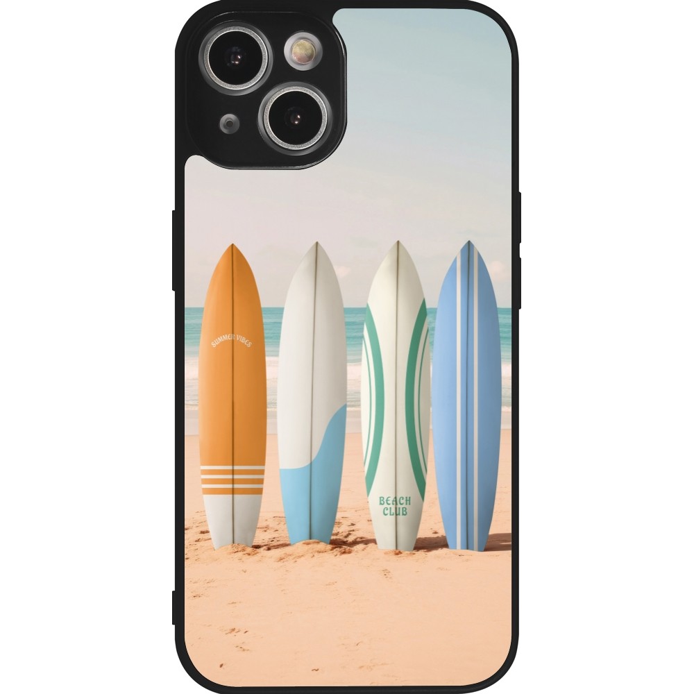 Coque iPhone 14 - Silicone rigide noir Summer surfboard 2025