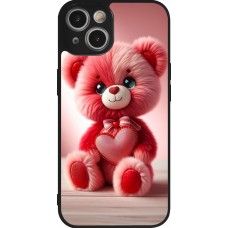 Coque iPhone 14 - Silicone rigide noir Valentine 2024 Ourson rose
