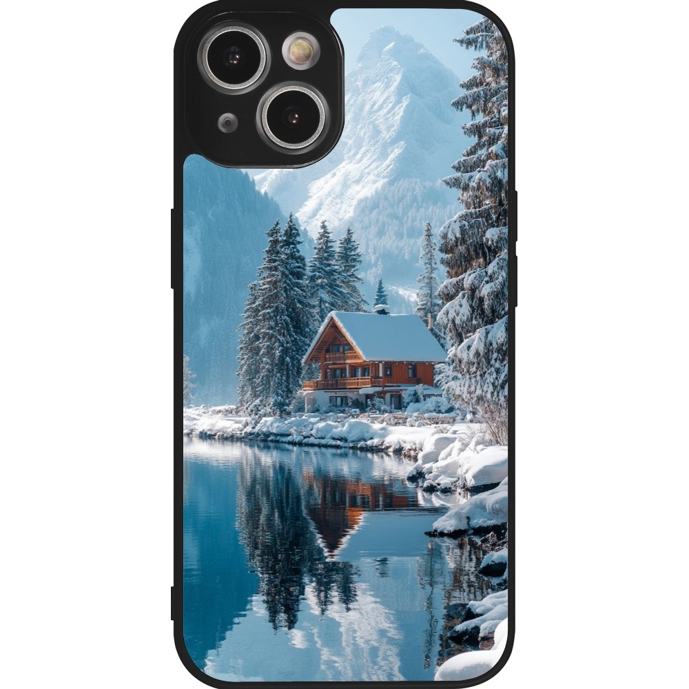 Coque iPhone 14 - Silicone rigide noir Winter 25 Winter house forest day