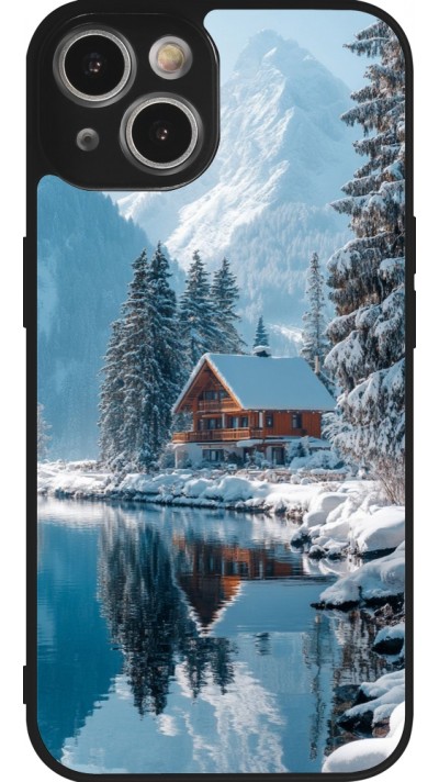 Coque iPhone 14 - Silicone rigide noir Winter 25 Winter house forest day