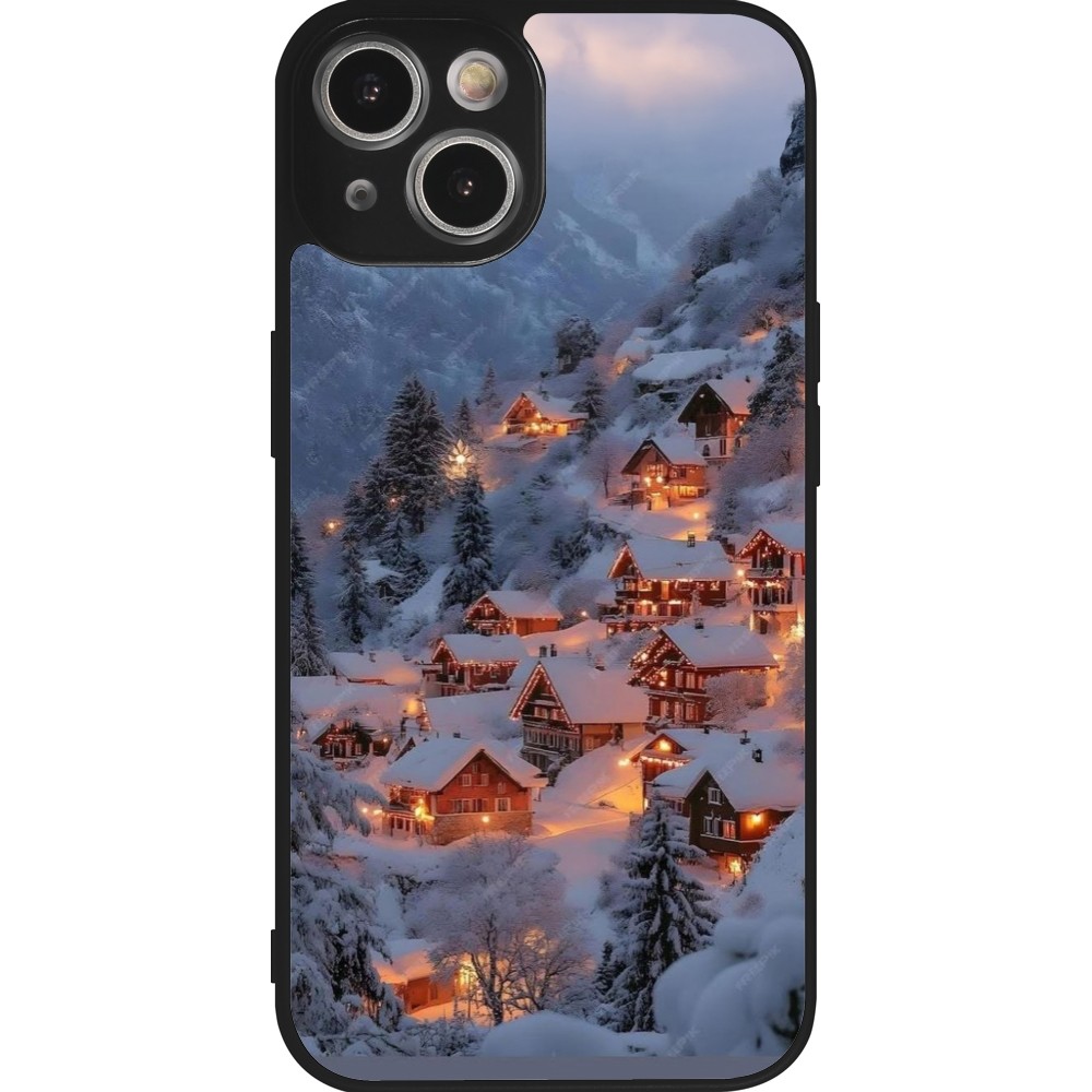 Coque iPhone 14 - Silicone rigide noir Winter 25 Winter snowy village