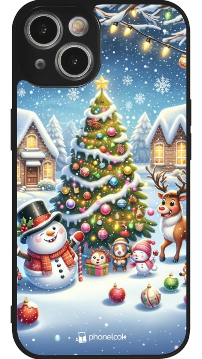 Coque iPhone 14 - Silicone rigide noir Noël 2023 bonhomme de neige et sapin