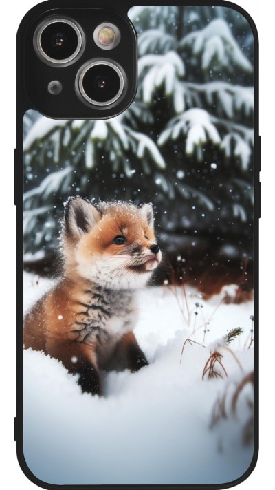 Coque iPhone 14 - Silicone rigide noir Noël 2023 Renardeau sapin