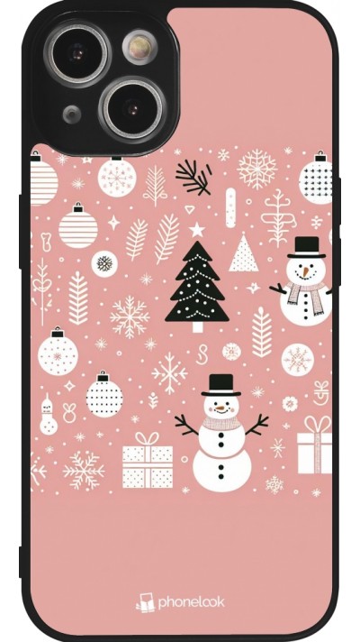 Coque iPhone 14 - Silicone rigide noir Noël 2024 Rose Snowman Christmas