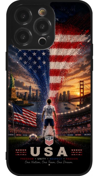 Coque iPhone 14 Pro Max - Silicone rigide noir Football États-Unis splash 2026