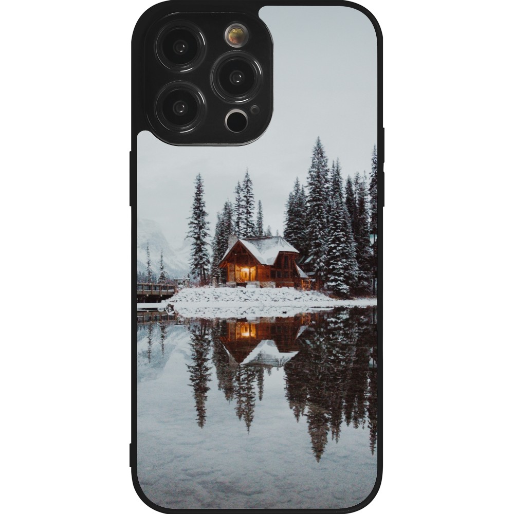 Coque iPhone 14 Pro Max - Silicone rigide noir Winter 25 Winter house forest afternoon