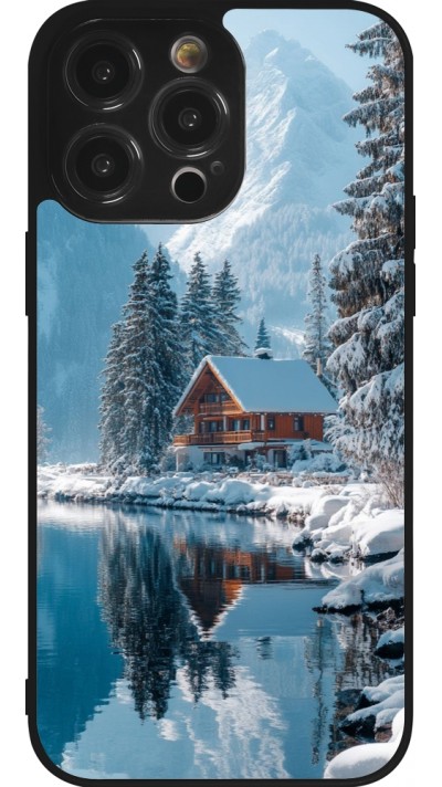 Coque iPhone 14 Pro Max - Silicone rigide noir Winter 25 Winter house forest day