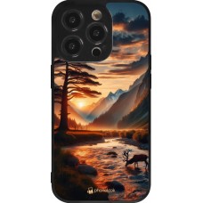 Coque iPhone 14 Pro - Silicone rigide noir Valley Sunset Deer Tree