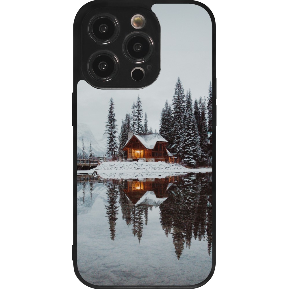 iPhone 14 Pro Case Hülle - Silikon schwarz Winter 25 Winter house forest afternoon