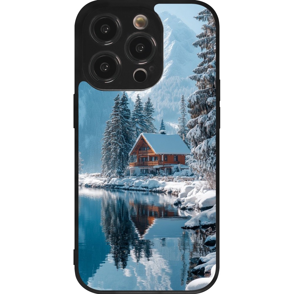 iPhone 14 Pro Case Hülle - Silikon schwarz Winter 25 Winter house forest day