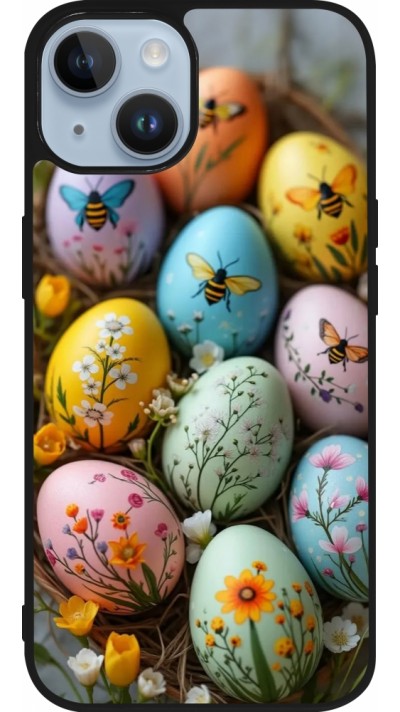 Coque iPhone 15 - Silicone rigide noir Easter 2026 Eggs with bees
