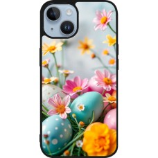 Coque iPhone 15 - Silicone rigide noir Easter 2026 Eggs with flowers