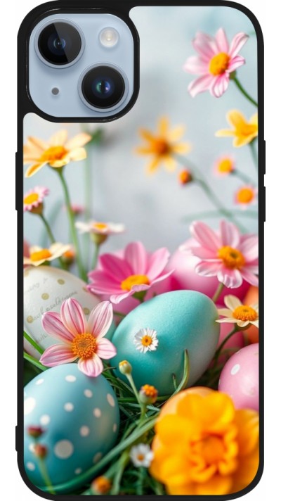 Coque iPhone 15 - Silicone rigide noir Easter 2026 Eggs with flowers