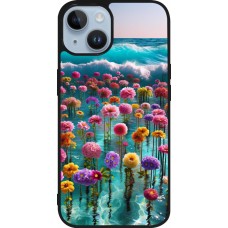 Coque iPhone 15 - Silicone rigide noir Flower sea waves