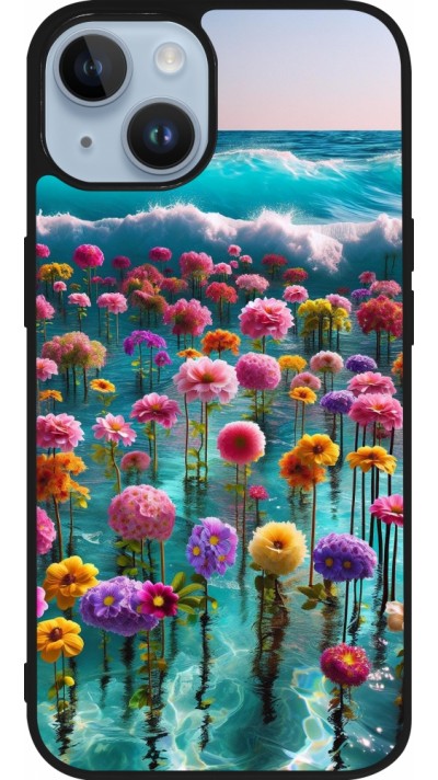 iPhone 15 Case Hülle - Silikon schwarz Blumenmeer Wellen