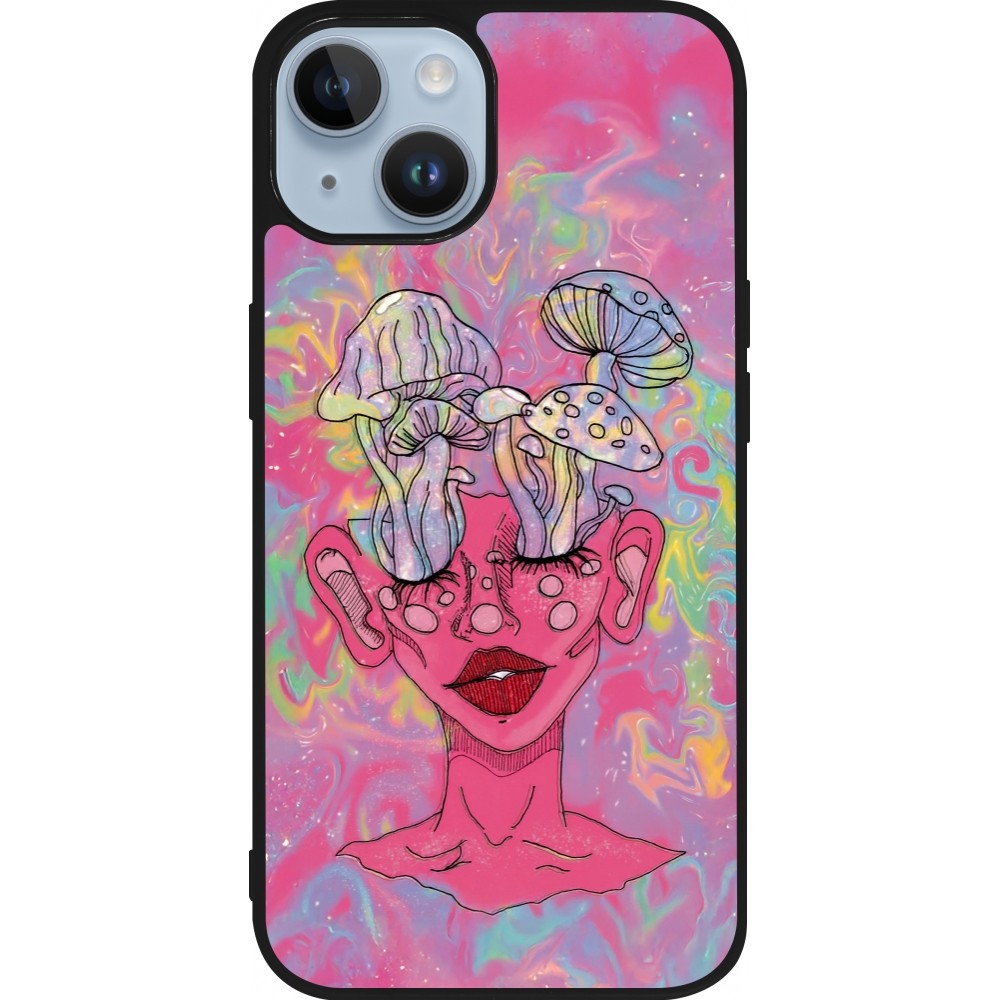 Coque iPhone 15 - Silicone rigide noir Psychedelic pink mushroom