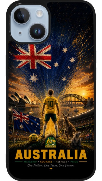 Coque iPhone 15 - Silicone rigide noir Football Australie splash 2026