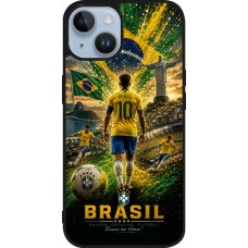 Coque iPhone 15 - Silicone rigide noir Football Brésil splash 2026