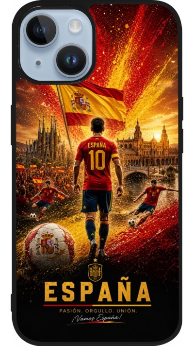 Coque iPhone 15 - Silicone rigide noir Football Espagne splash 2026
