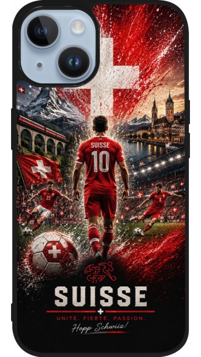 Coque iPhone 15 - Silicone rigide noir Football Suisse splash 2026