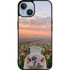 Coque iPhone 15 - Silicone rigide noir Cow with tulips 2026