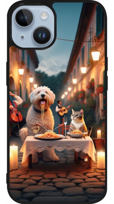 Coque iPhone 15 - Silicone rigide noir Valentine 2024 Dog & Cat Candlelight