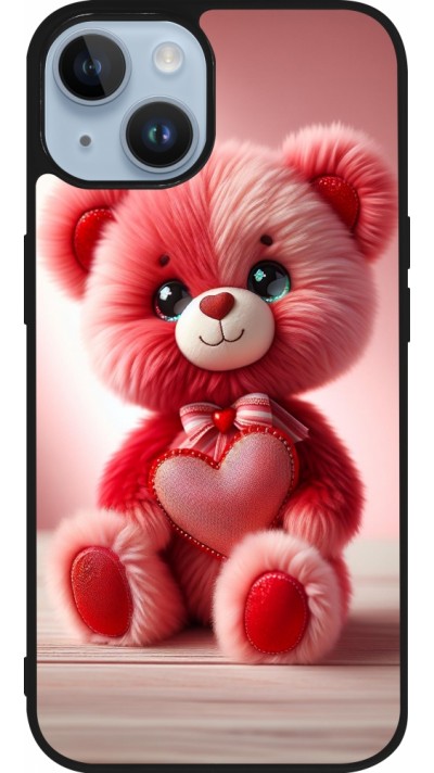Coque iPhone 15 - Silicone rigide noir Valentine 2024 Ourson rose