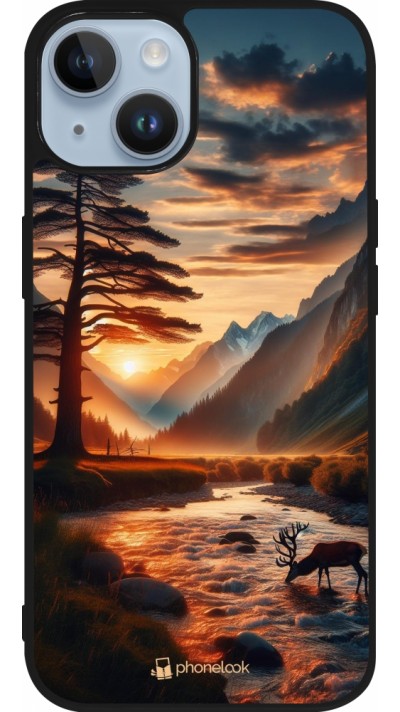 iPhone 15 Case Hülle - Silikon schwarz Tal Sonnenuntergang Hirsch Baum