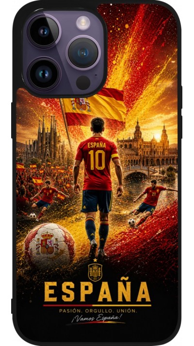 Coque iPhone 15 Pro Max - Silicone rigide noir Football Espagne splash 2026
