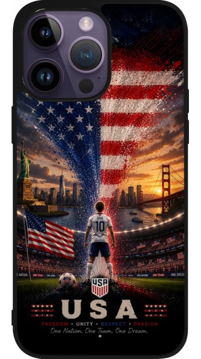 Coque iPhone 15 Pro Max - Silicone rigide noir Football États-Unis splash 2026