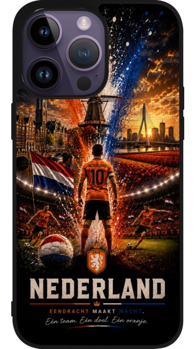 Coque iPhone 15 Pro Max - Silicone rigide noir Football Pays-Bas splash 2026