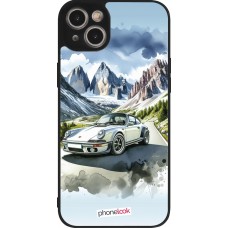 Coque iPhone 15 Plus - Silicone rigide noir Porsche 911 Mountain Watercolor