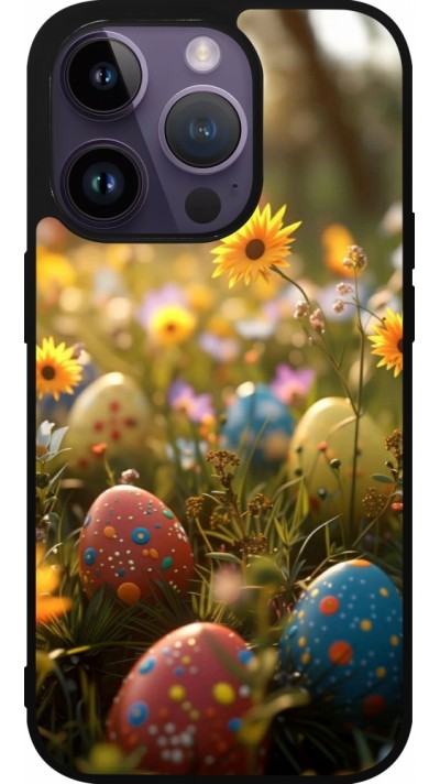 Coque iPhone 15 Pro - Silicone rigide noir Easter 2026 Decorated eggs