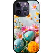 Coque iPhone 15 Pro - Silicone rigide noir Easter 2026 Eggs with flowers