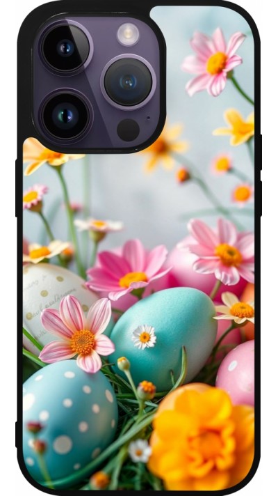 Coque iPhone 15 Pro - Silicone rigide noir Easter 2026 Eggs with flowers
